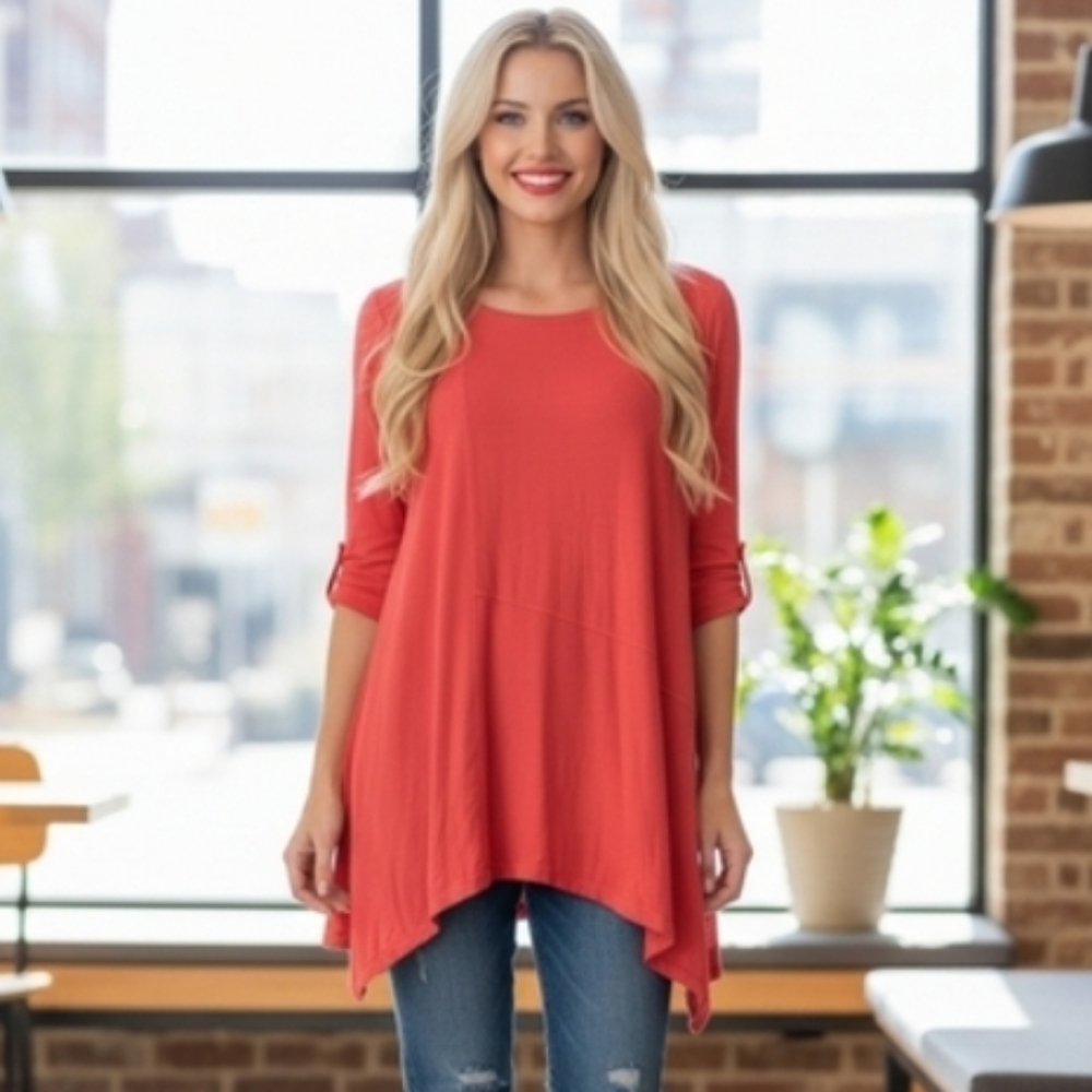πSALE SLINKY Brand Coral Red Asymmetrical Hem Tunic Top